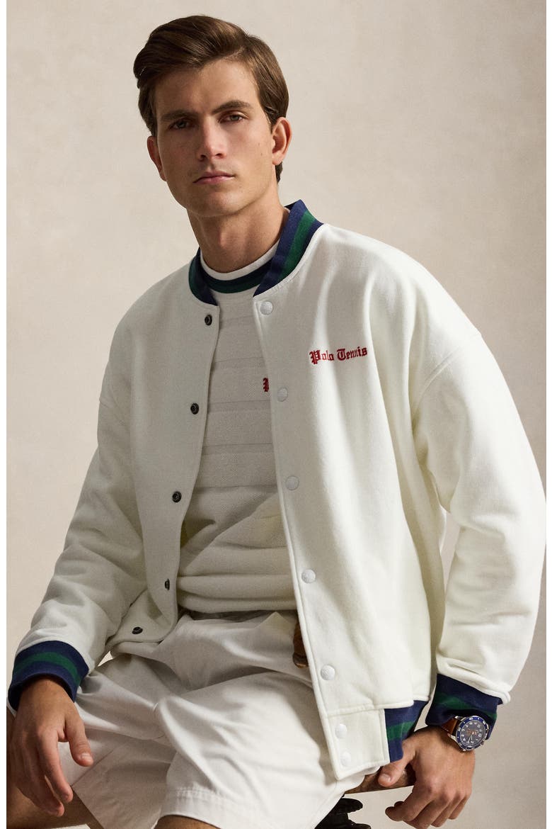 Relaxed Fit Fleece Baseball Jacket, Alternate, color, WHITE