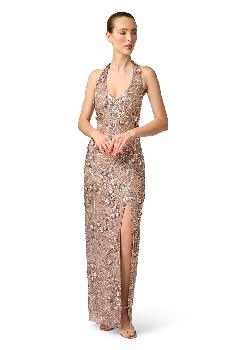 Sequin & Floral Halter Neck Sheath Gown, Alternate, color, SMOKEY MAUVE