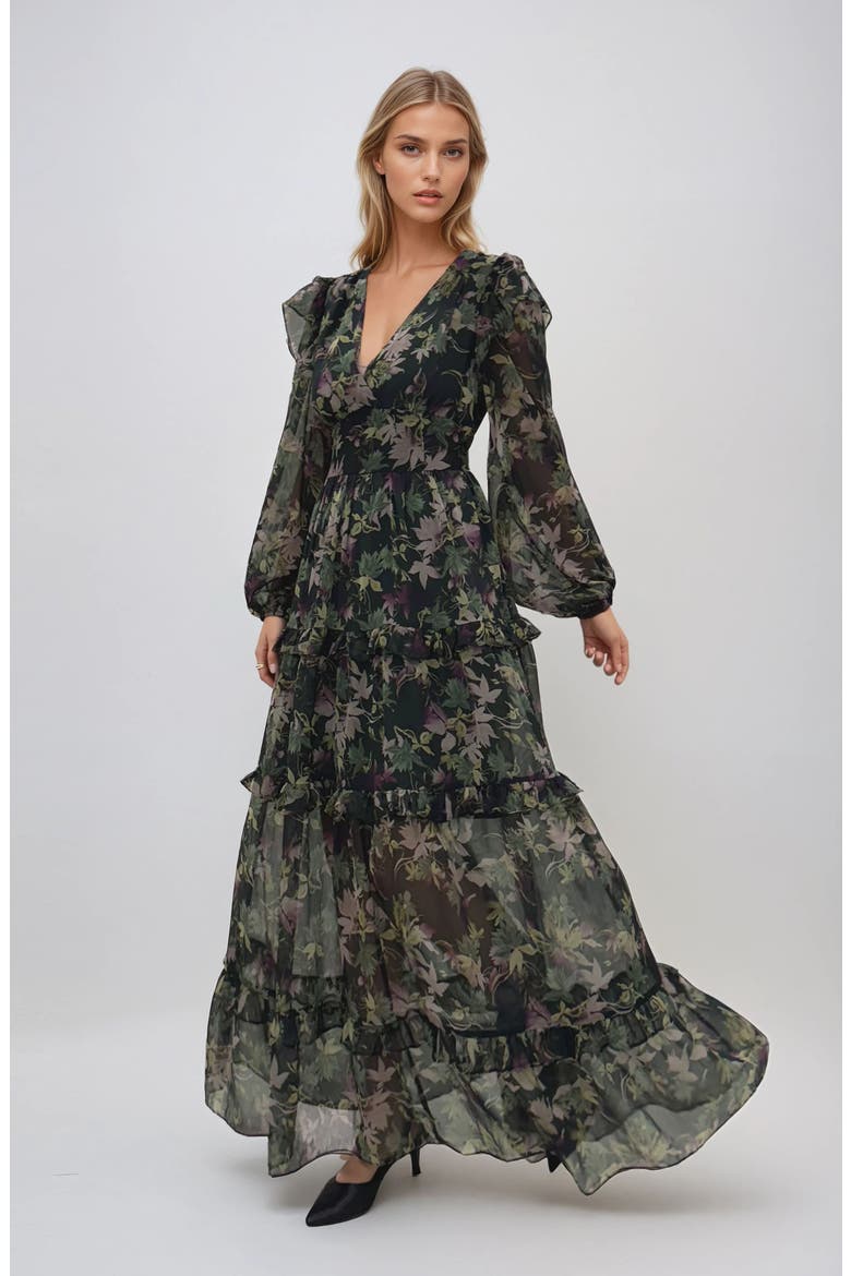 Print Ruffle Long Sleeve Chiffon Maxi Dress, Alternate, color, HUNTER GREEN FLORAL
