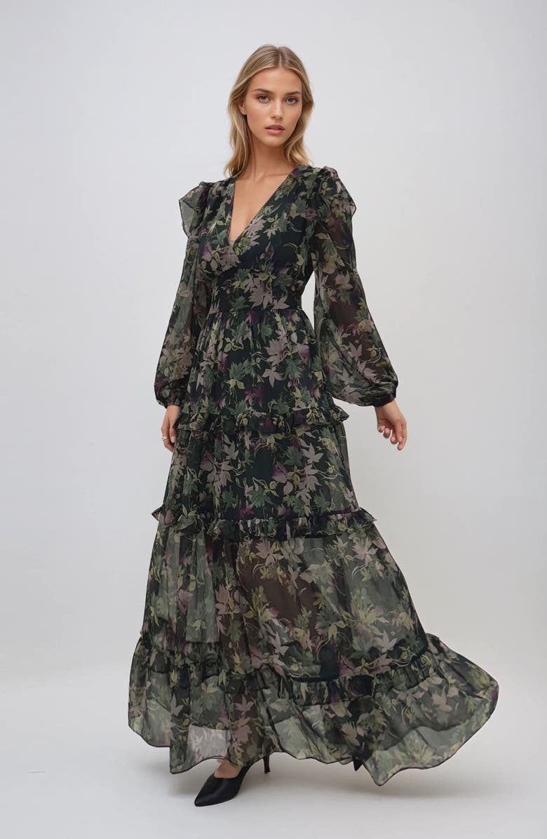 MELLODAY Print Ruffle Long Sleeve Chiffon Maxi Dress, Alternate, color, Hunter Green Floral