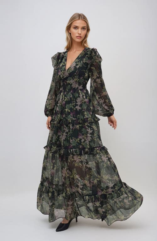 Melloday Print Ruffle Long Sleeve Chiffon Maxi Dress In Black