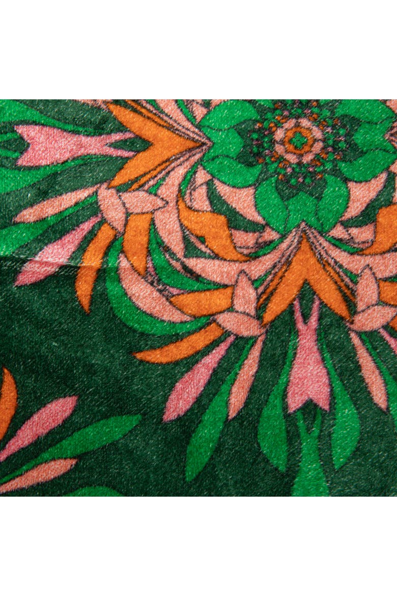 Cotton Blend Velvet Printed Pillow with Floral Pattern and Eyelash Fringe, Green, Pink and Orange Color, Alternate, color, Green