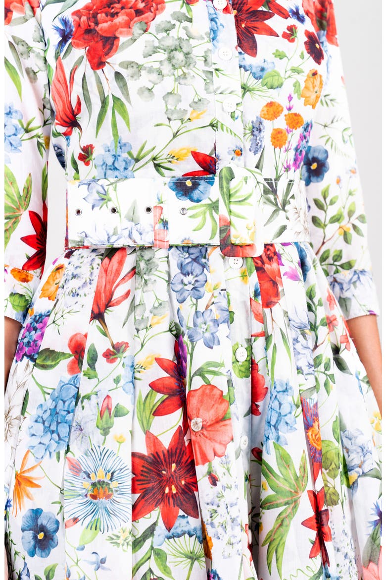 Multicolor Botanic Pleated Midi Shirtdress, Alternate, color, White