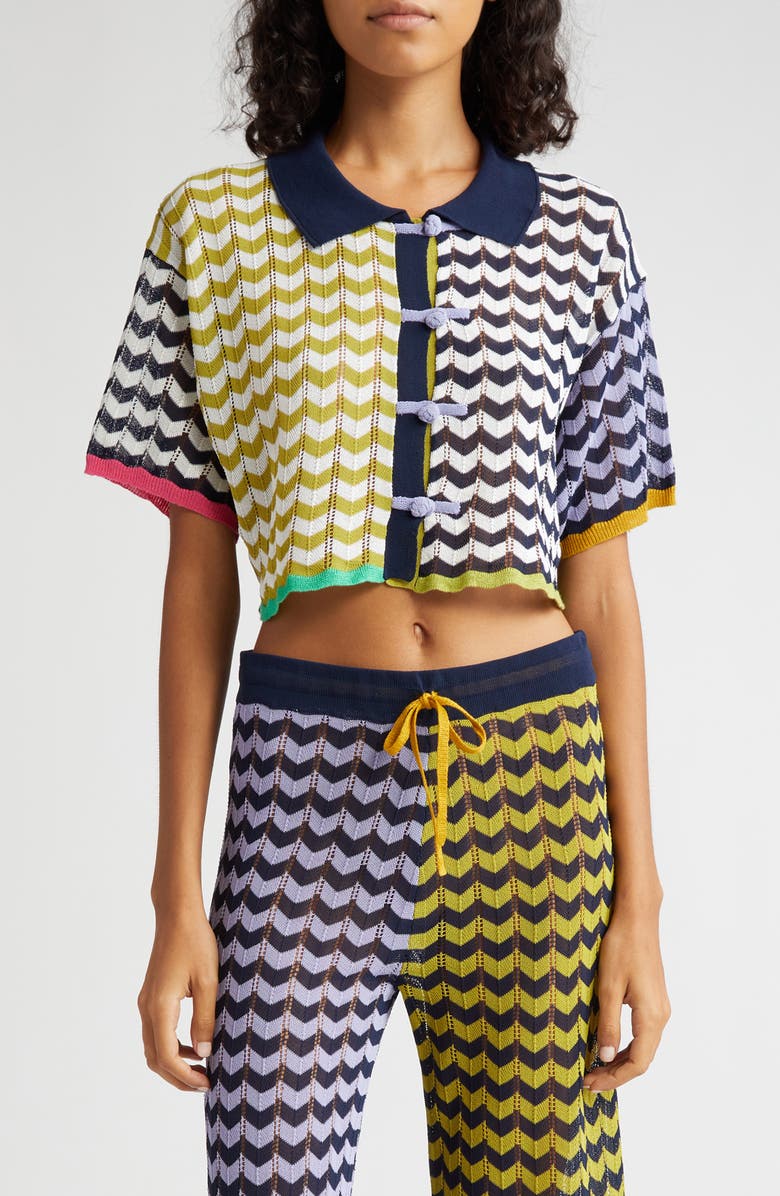 YanYan Tong Short Sleeve Chevron Stripe Pointelle Stitch Cardigan, Main, color, 