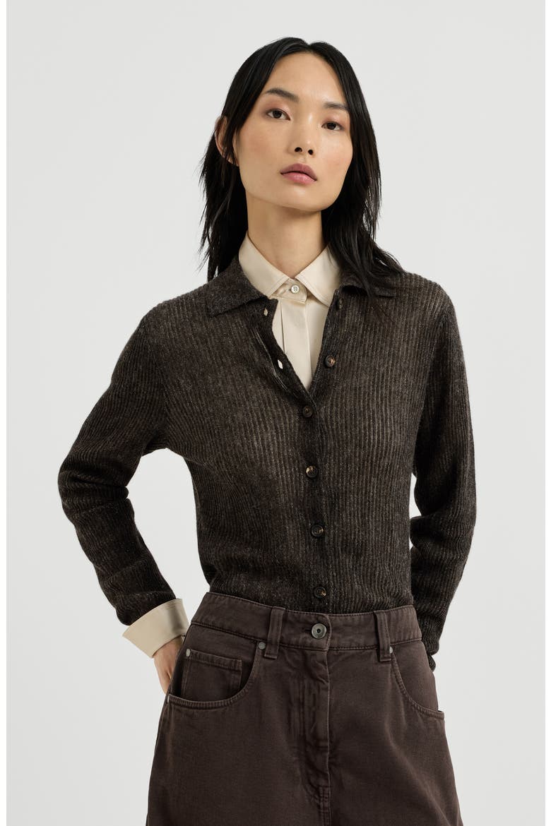 Sparkling silk, alpaca and wool rib knit cardigan, Main, color, Anthracite