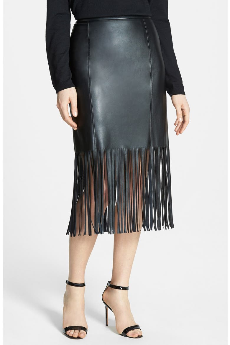Faux Leather Fringe Skirt, Main, color, BLACK