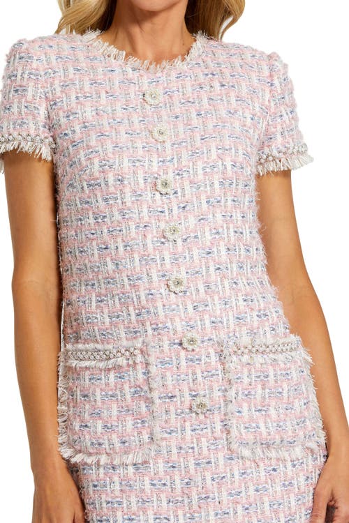 Mac Duggal Crystal Floral Button Detail Tweed Minidress In Pink Multi
