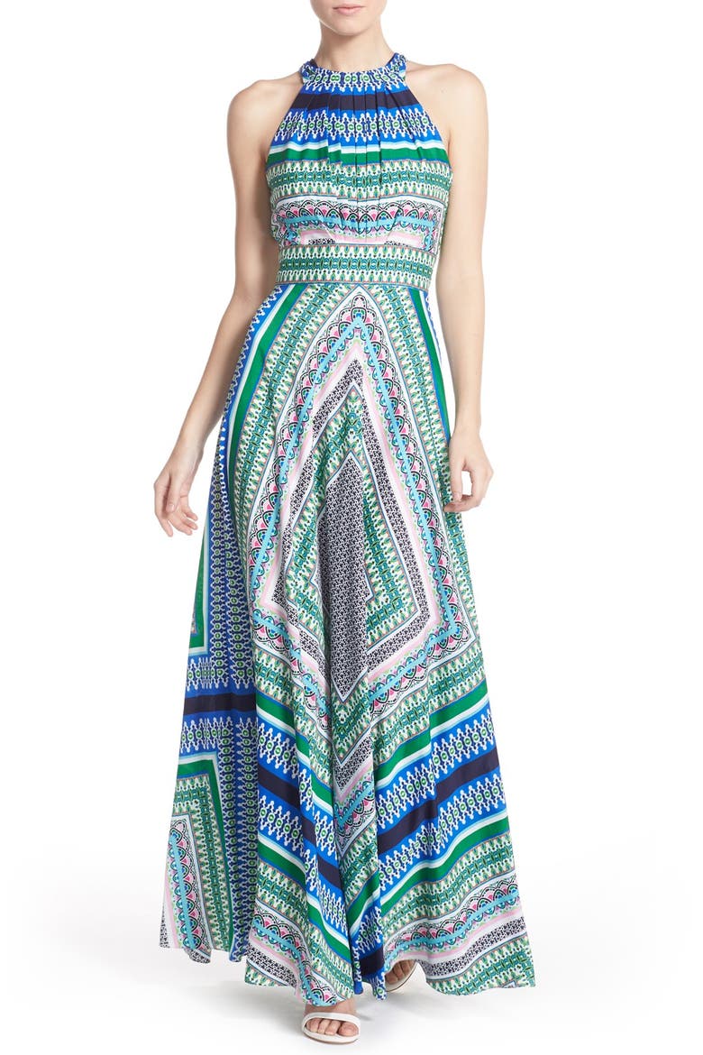 Scarf Print Chiffon Maxi Dress, Main, color, BLUE GREEN PRINT