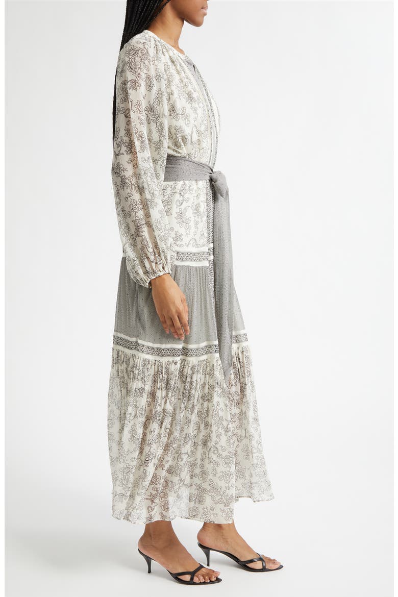 Halley Mixed Print Long Sleeve Silk Dress, Alternate, color, BONE/ BLACK FLORAL