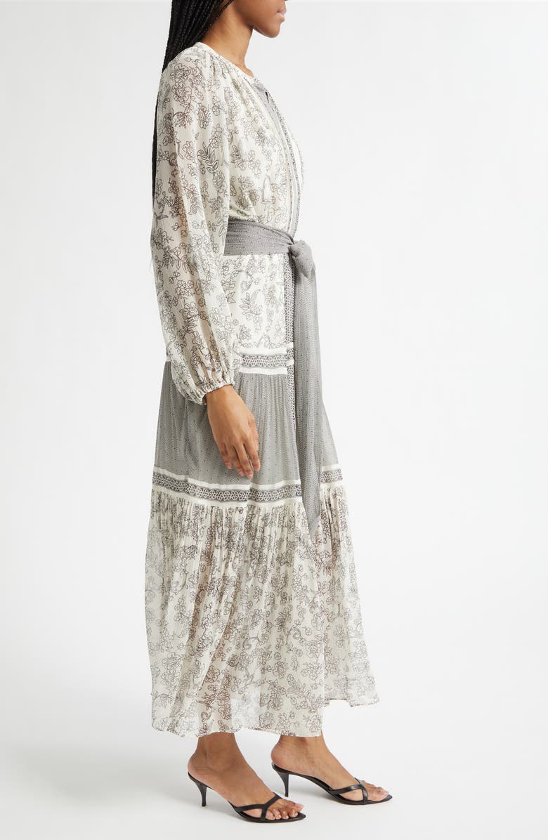 Ramy Brook Halley Mixed Print Long Sleeve Silk Dress, Alternate, color, Bone/ Black Floral