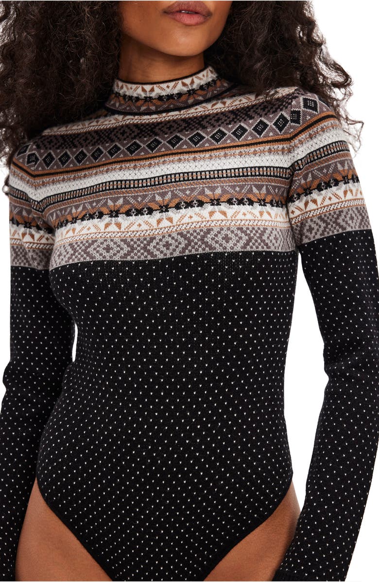 Free People Warmer Fair Isle Long Sleeve Bodysuit, Alternate, color, Black Ivory Combo