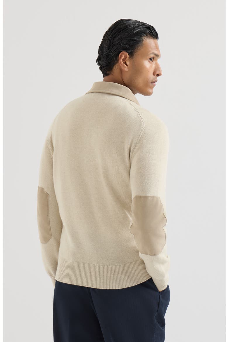 Cashmere knit polo with suede collar, Alternate, color, Sand