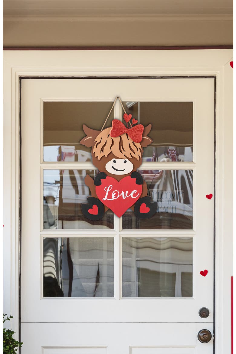 18"H Valentine's Wooden Highland Cow with Heart Door Hanger, Alternate, color, Red