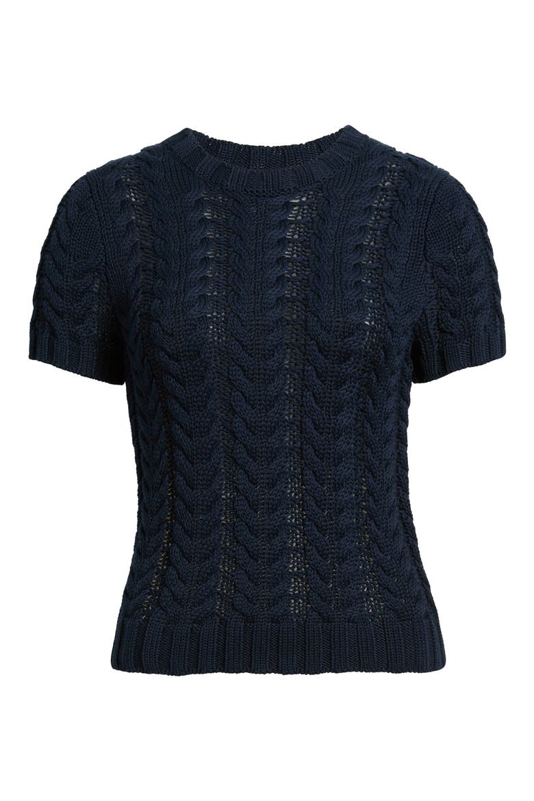 Cable Stitch Short Sleeve Cotton Sweater, Alternate, color, NAVY STILL