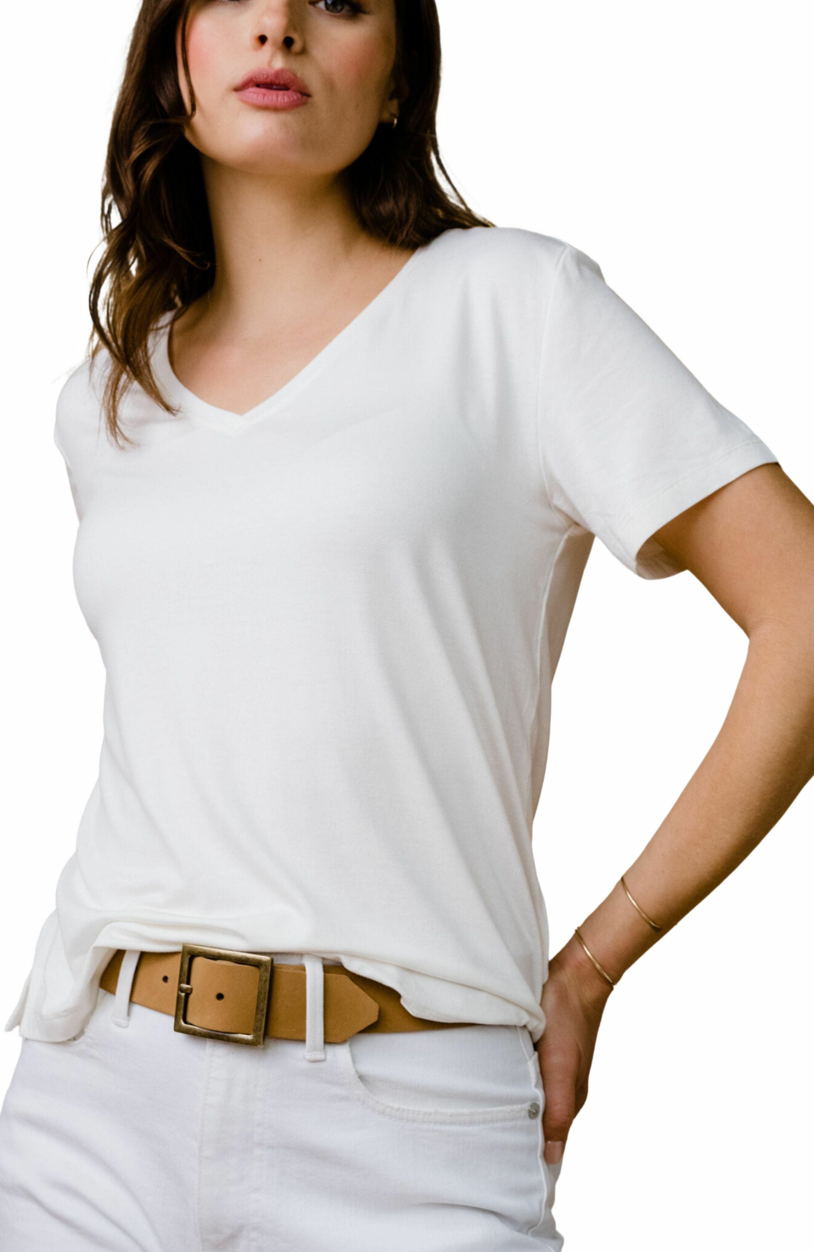 ABLE Meghan Drapey V-Neck Tee in Almond 