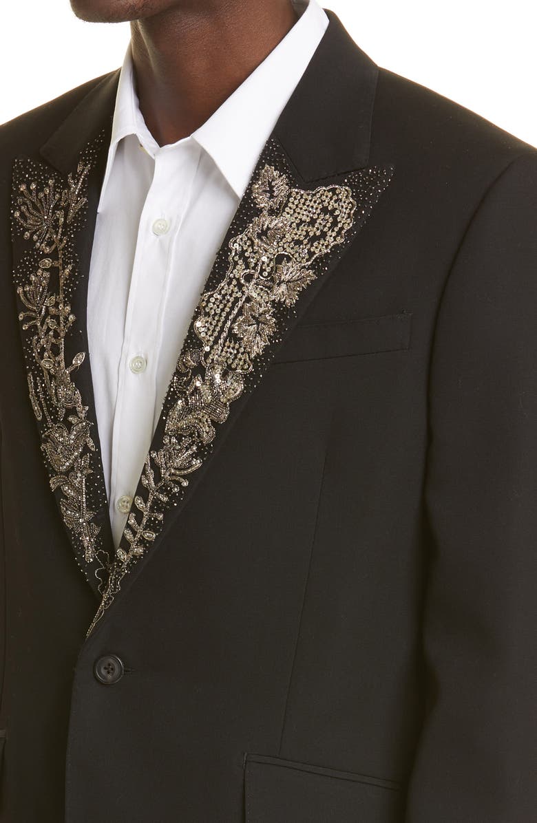 McQueen Alexander McQueen Embellished Wool Tuxedo Jacket, Alternate, color, 1000 Black