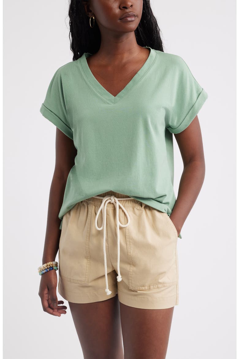 Roll Cuff V-Neck T-Shirt, Main, color, GREEN HEDGE