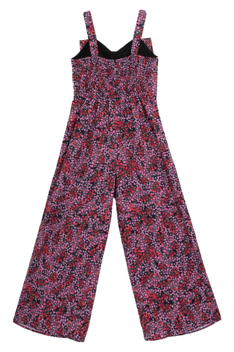 Kids' Floral Bow Front Jumpsuit & Headband Set, Alternate, color, BLACK RED