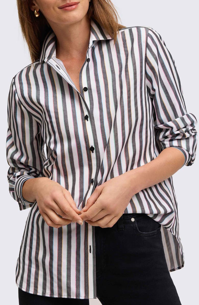 Foxcroft Rainbow Stripe Relaxed Fit Cotton Blend Button-Up Shirt, Alternate, color, Black Multi Stripe