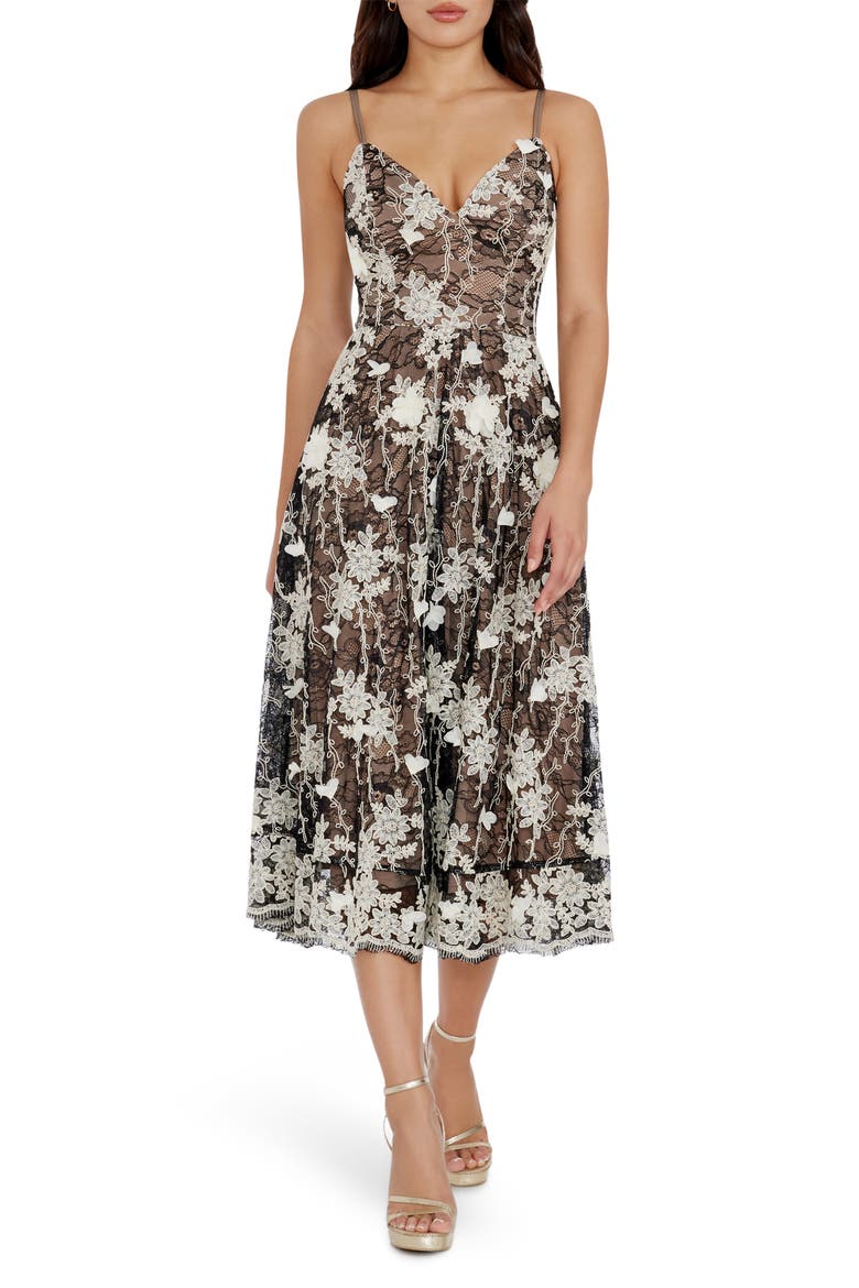 Tahani Embroidered Lace Cocktail Midi Dress, Alternate, color, BLACK-WHITE