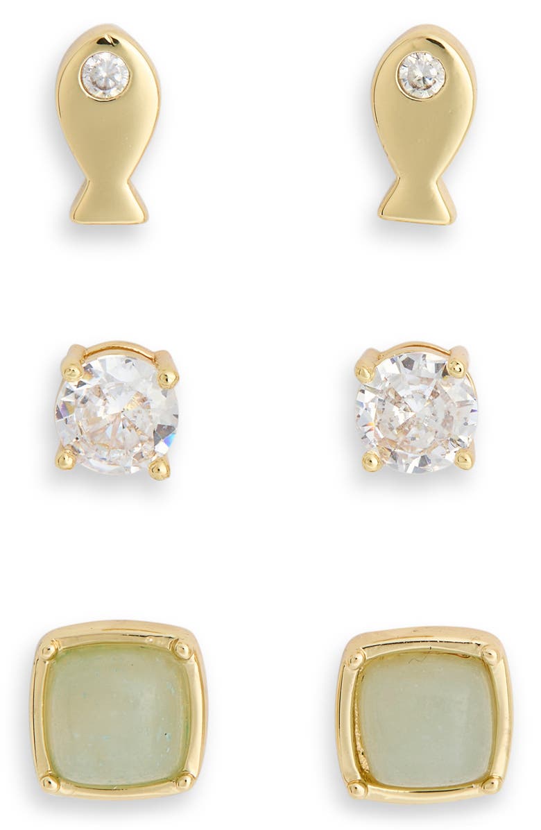 Leith Seabreeze & Daydreams Set of 3 Fish Stud Earrings, Alternate, color, Clear- Green- Gold