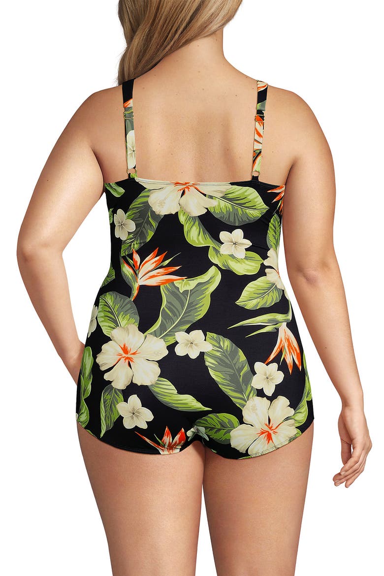 Plus Size SlenderSuit V-Neck Skirted Low Leg One Piece, Alternate, color, Hibiscus Floral/Black