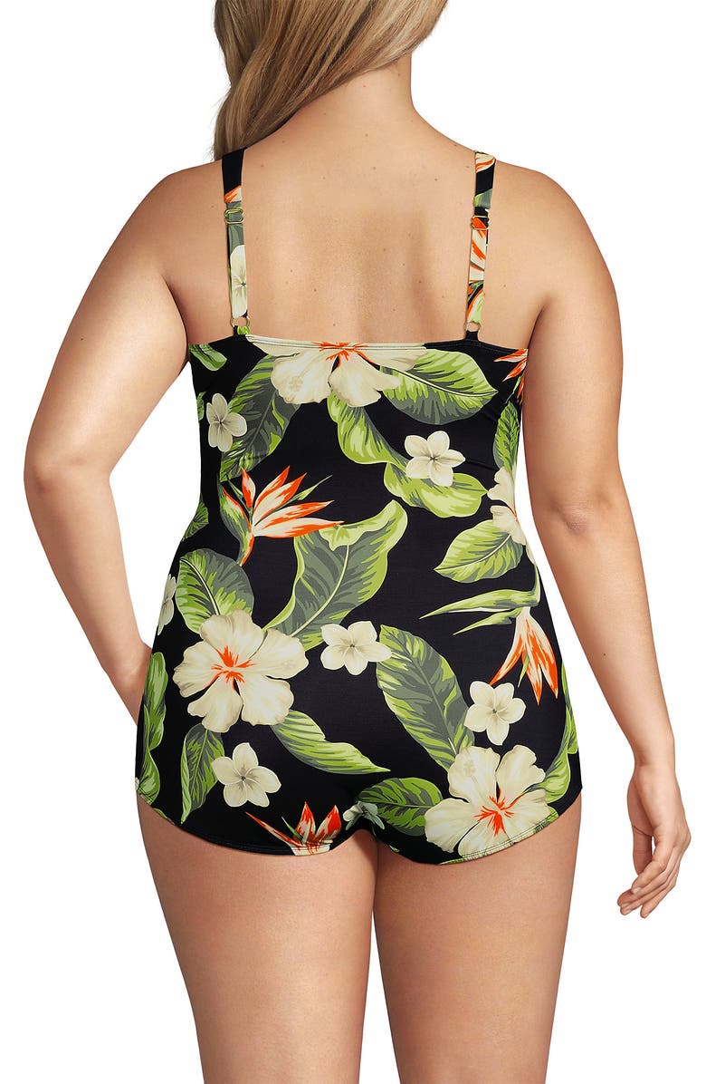 Lands' End SlenderSuit V-Neck Skirted Low Leg One Piece, Alternate, color, Hibiscus Floral/Black
