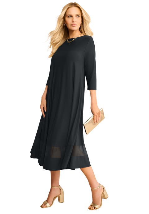 Plus Size 3/4 Sleeve Mesh Inset Boatneck Dress
