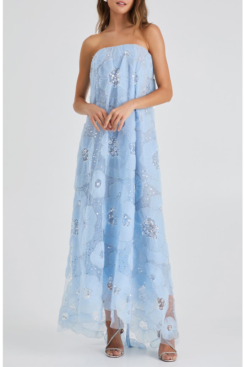 Margot Bead & Appliqué Strapless Mesh Gown, Main, color, BABY BLUE