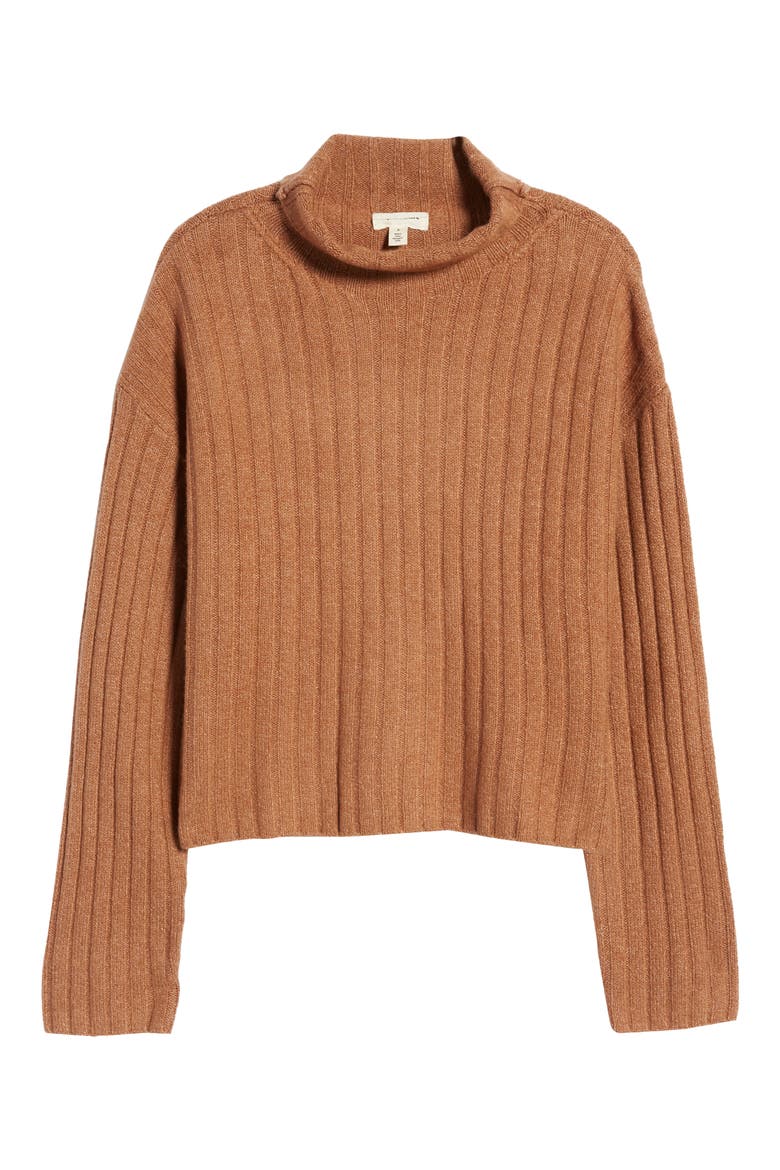 Women's Cotton Blend Rib Funnel Neck Sweater, Alternate, color, BROWN TOFFEE