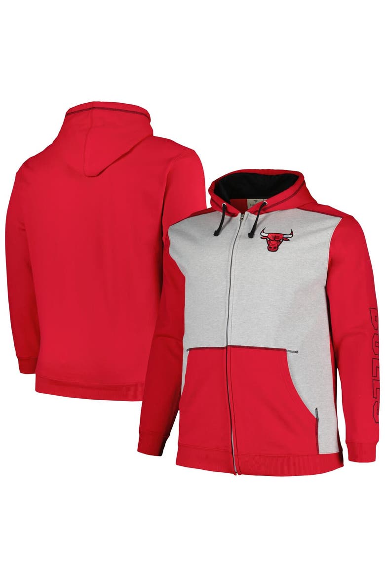 Men's Fanatics Branded Red/Heather Gray Chicago Bulls Big & Tall Contrast Pieced Stitched Full-Zip Hoodie, Alternate, color, Red