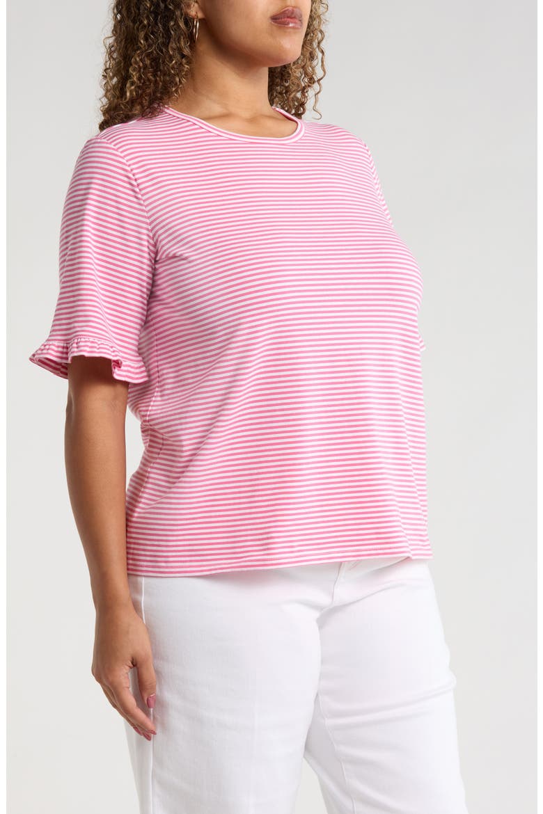 Stripe Frill Sleeve Stretch Cotton Top, Alternate, color, DUTCH PINK / NATURAL WHITE
