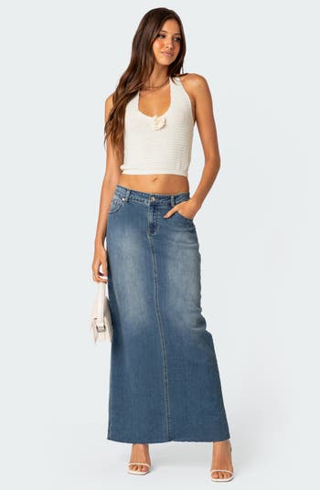 EDIKTED Elowyn Denim Maxi Skirt with Back Slit Detail