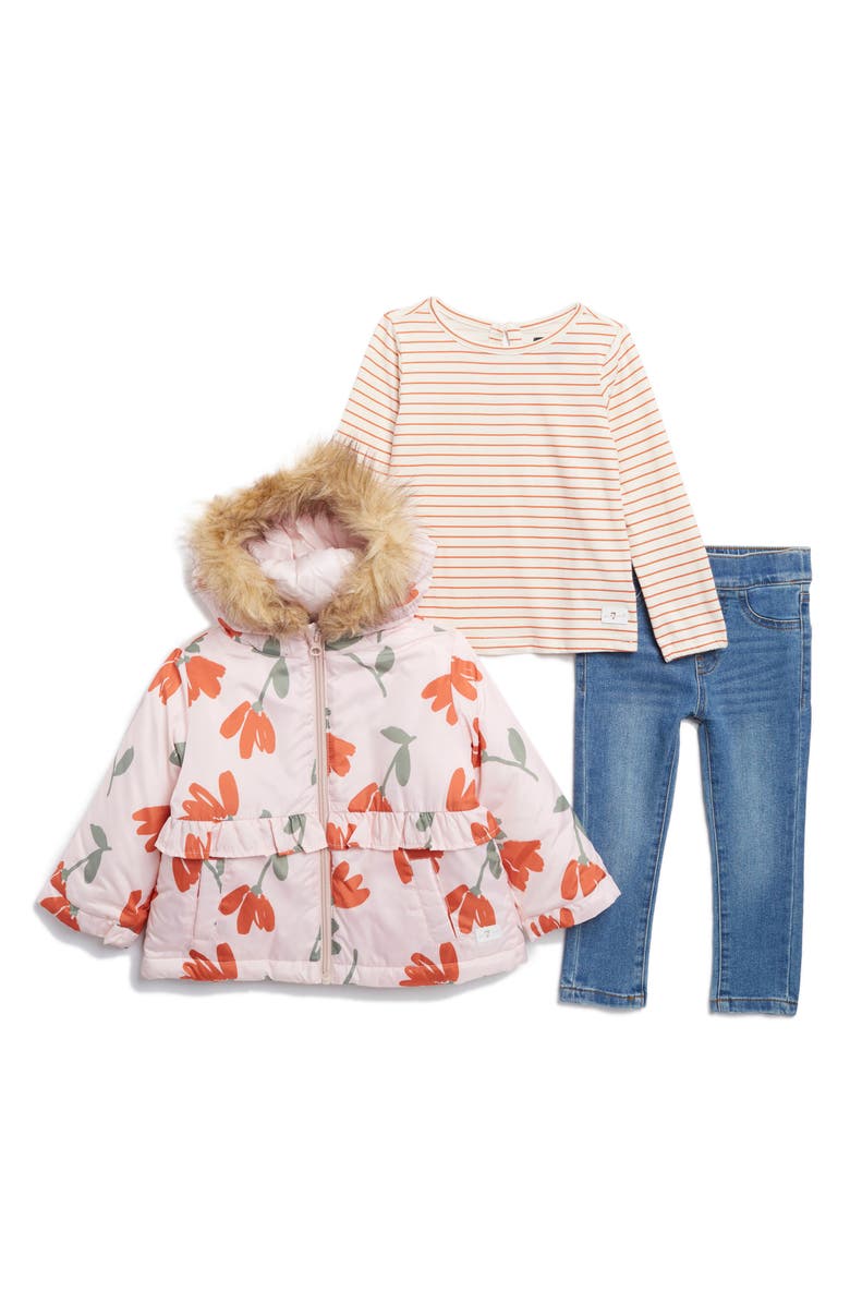 7 For All Mankind Kids' Floral Jacket with Faux Fur Trim, Stripe Top & Jeans Set, Main, color,