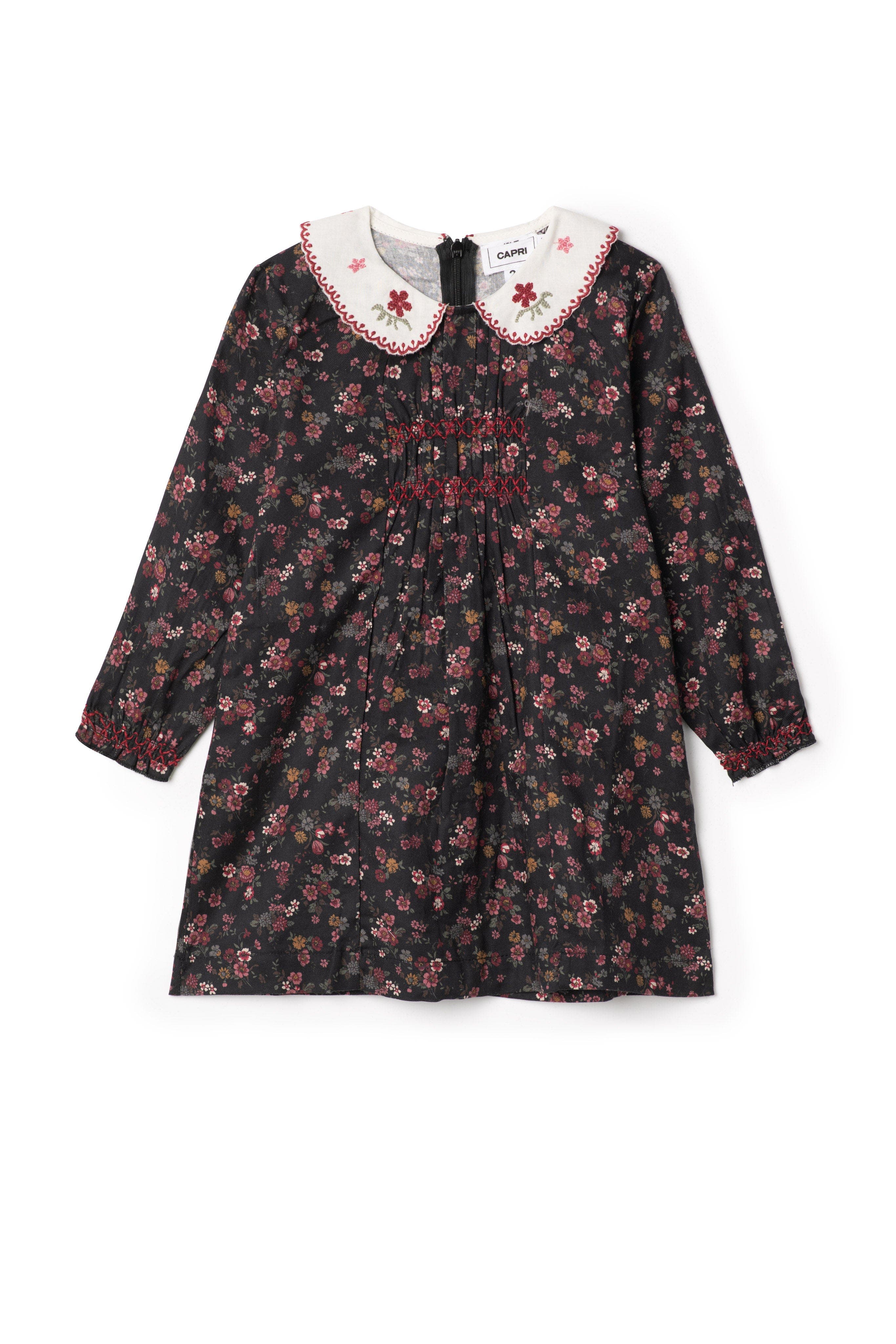 Jolie Capri Kids'  Embroidered Collar Long Sleeve Cotton Dress In Black