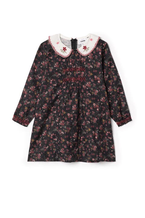 Embroidered Collar Long Sleeve Cotton Dress (Toddler, Little Kid & Big Kid)