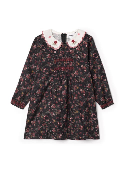 Jolie Capri Kids'  Embroidered Collar Long Sleeve Cotton Dress In Black