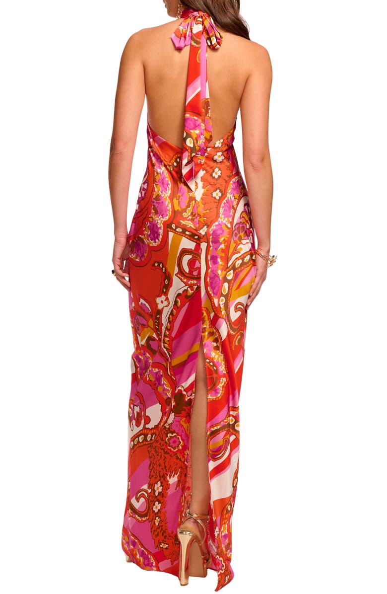 Ramy Brook Tatiana Mixed Print Stretch Silk Halter Neck Gown, Alternate, color, Fiesta Pink Multi
