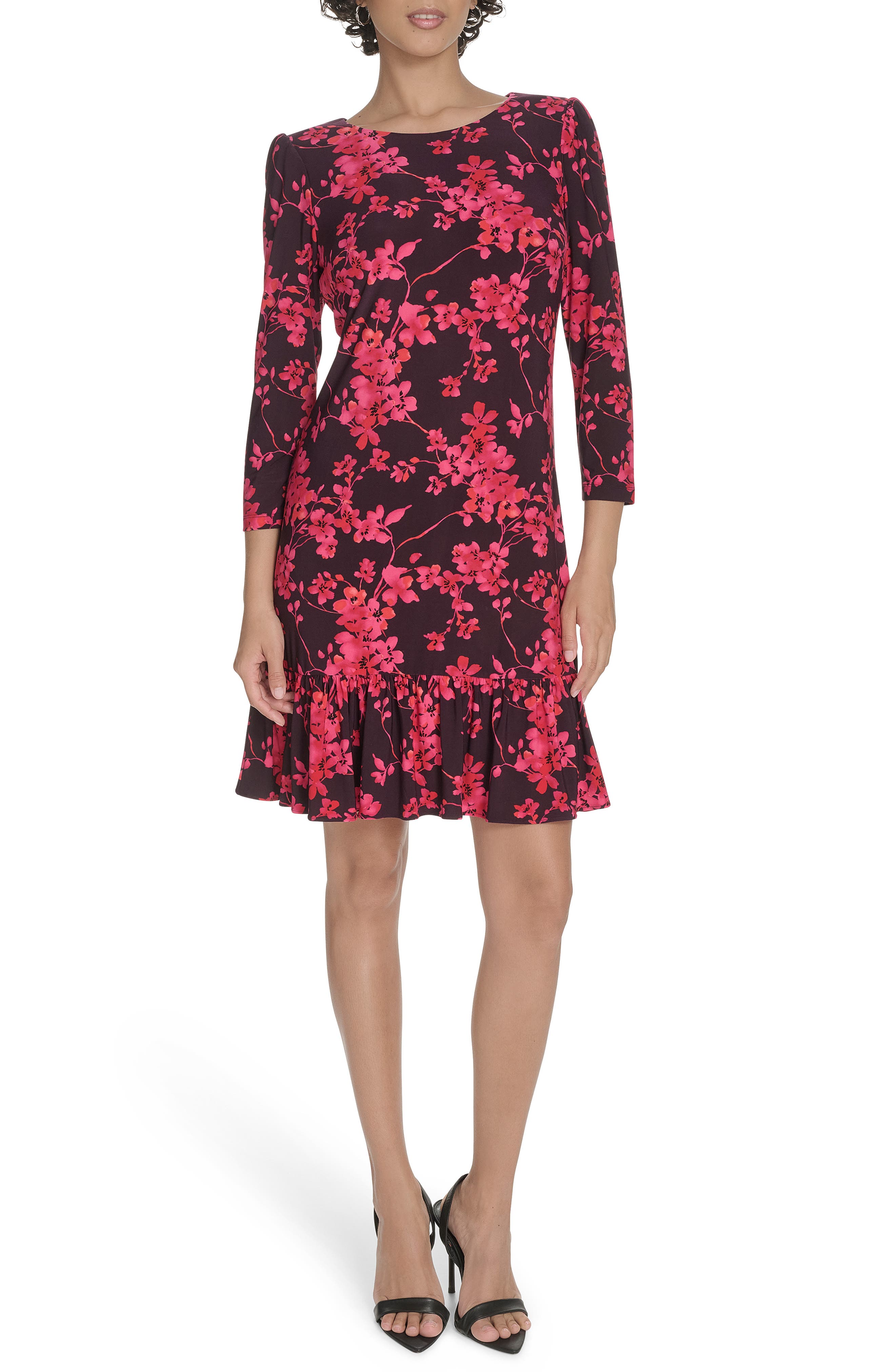 Tommy Hilfiger Floral Three-Quarter Sleeve Ruffle Hem Shift Dress