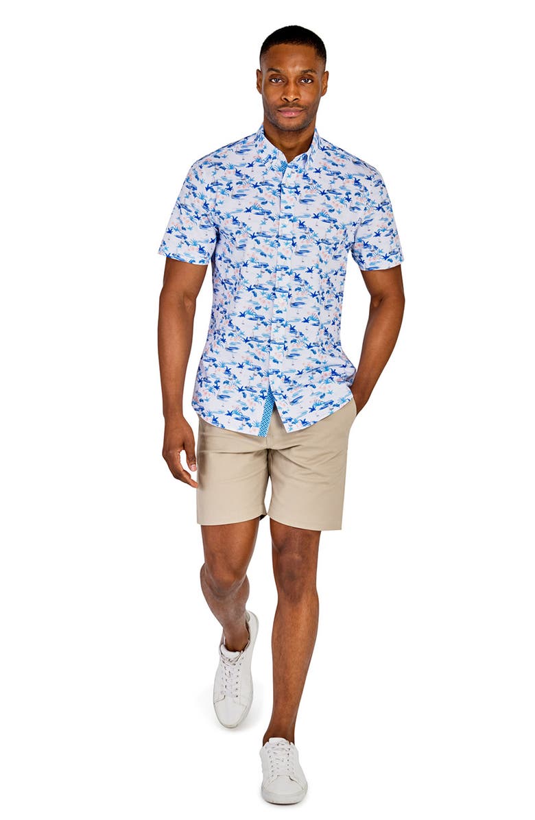 CONSTRUCT Slim Fit Sailboat Recycled 4-Way Stretch Performance Short Sleeve Shirt, Alternate, color, White/Blue