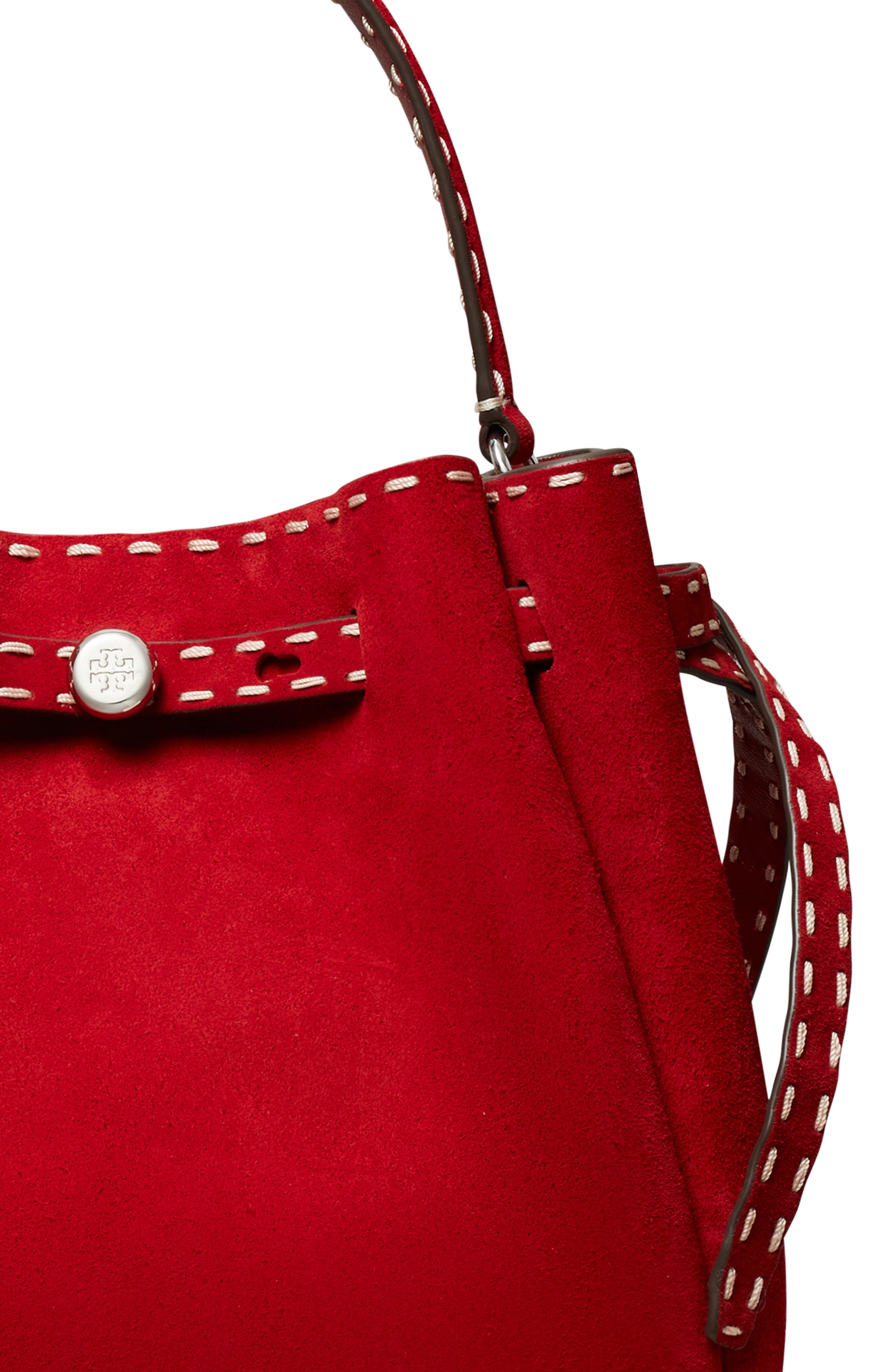 Tory Burch Romy Suede Bucket Bag, Alternate, color, Red