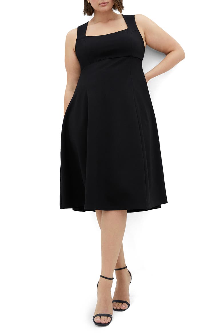 Maci Stretch Ponte Fit & Flare Midi Dress, Main, color, BLACK