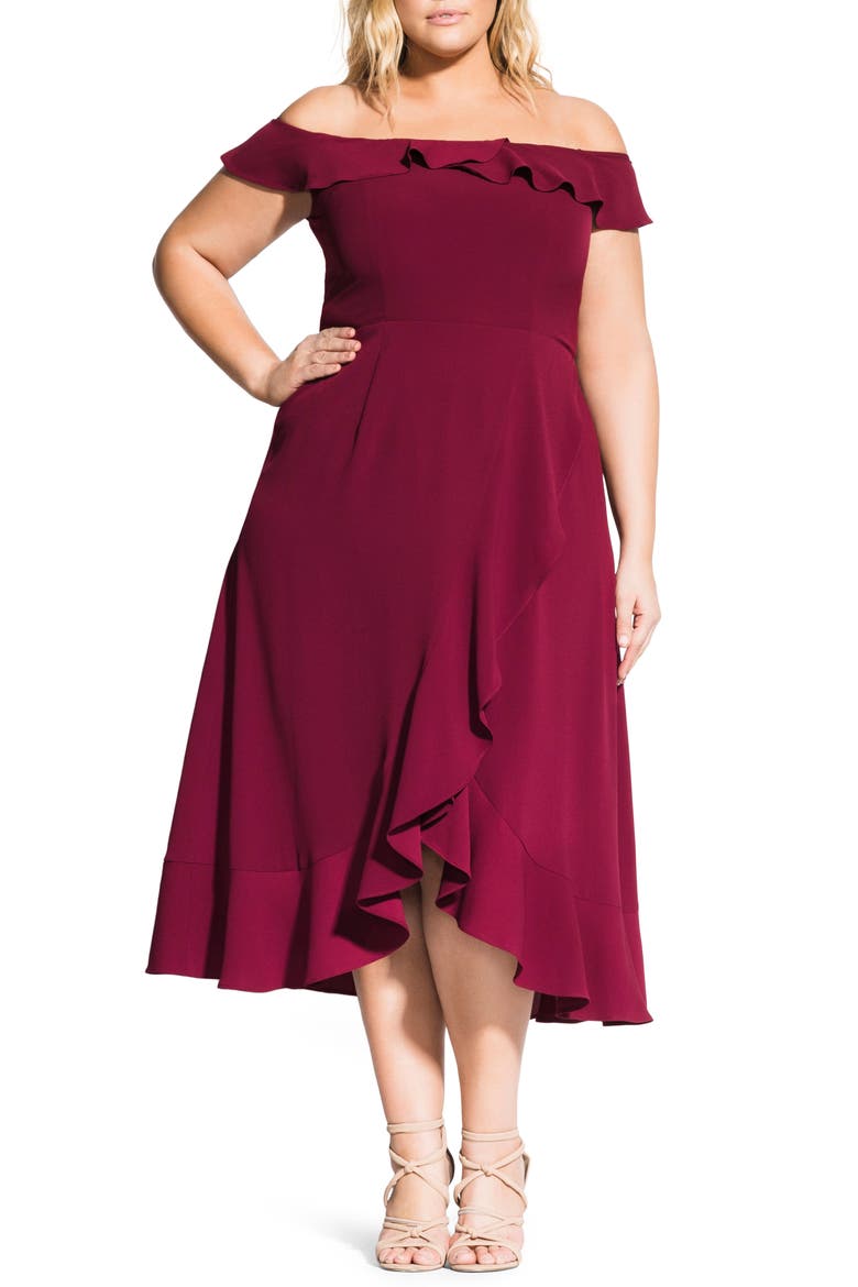Off the Shoulder Ruffle High/Low Dress, Main, color, MERLOT