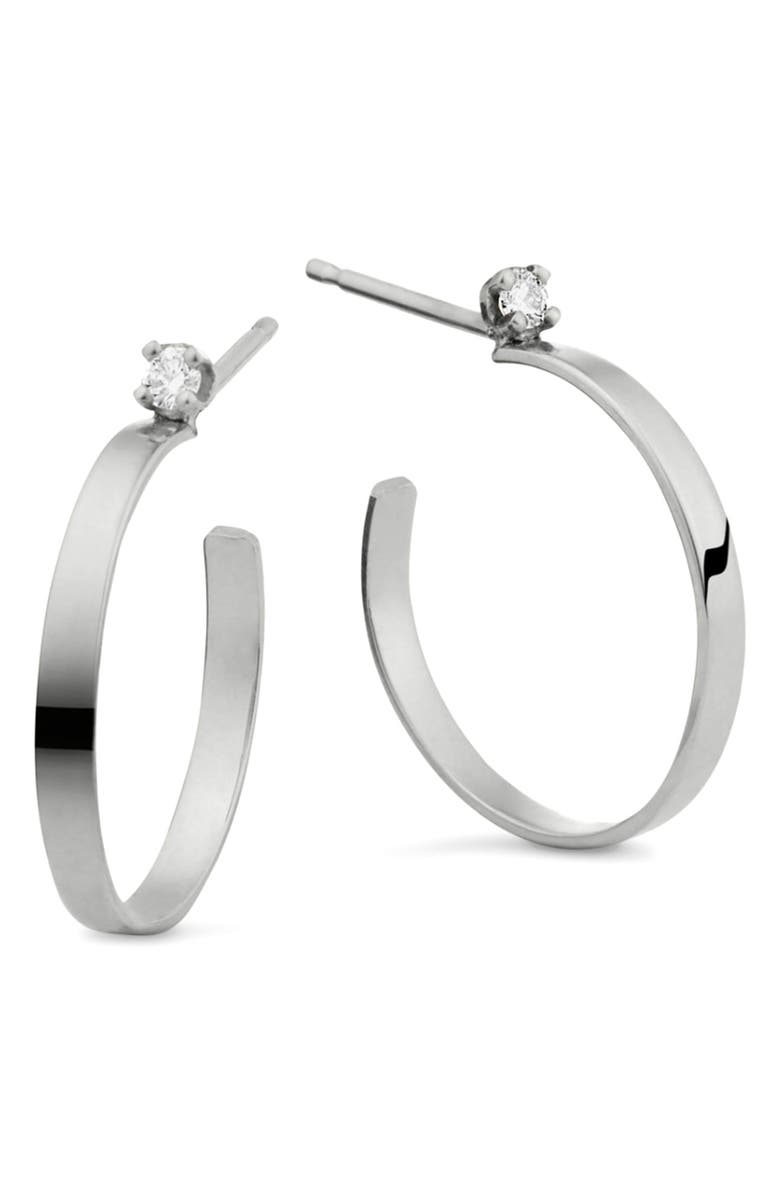 LANA 14K Gold Mini Sunrise Diamond Hoop Earrings, Main, color, White Gold