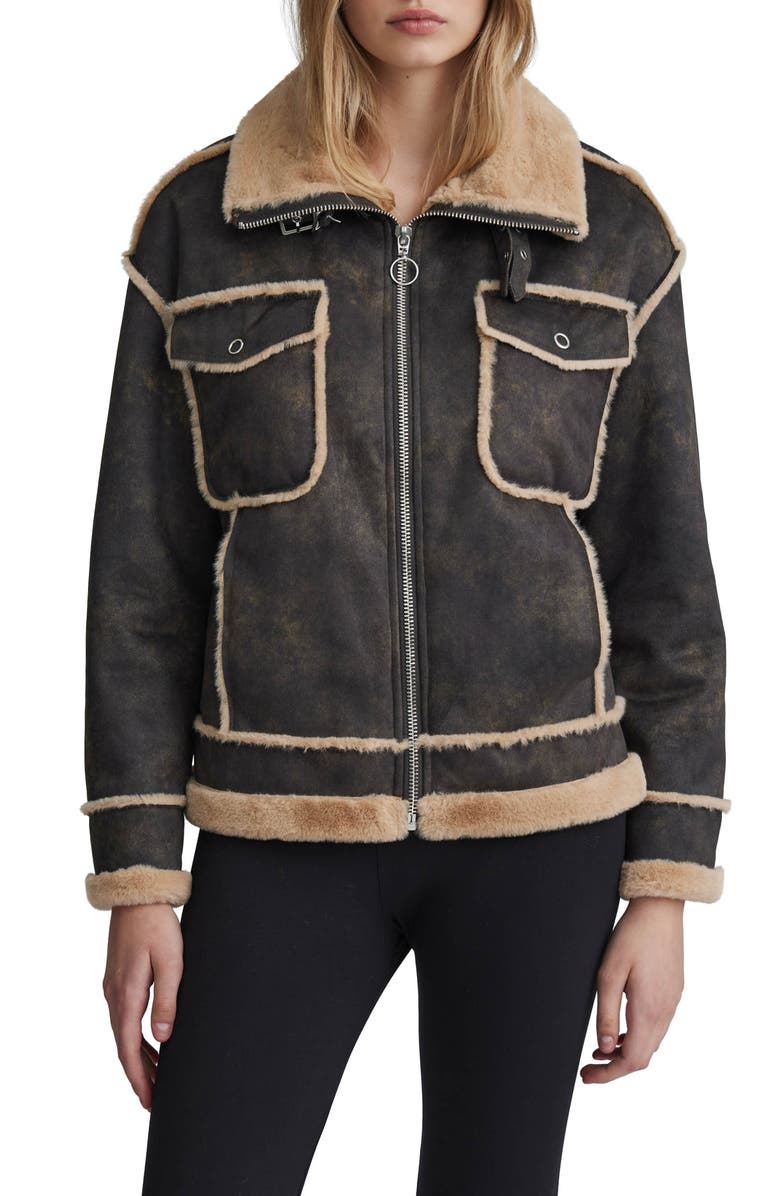 NVLT Faux Fur Trim Faux Suede Biker Jacket, Main, color, Chocolate