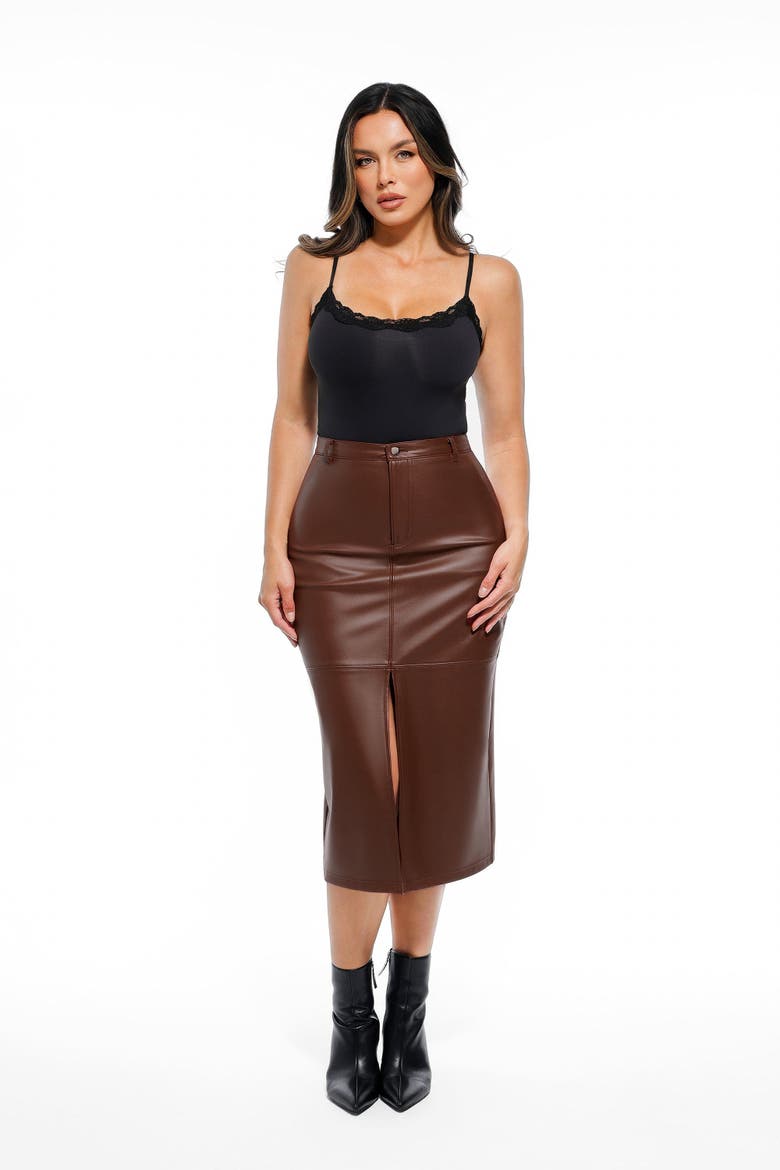 Sculpted Faux Leather Contour Skirt, Alternate, color, Saddle Brown
