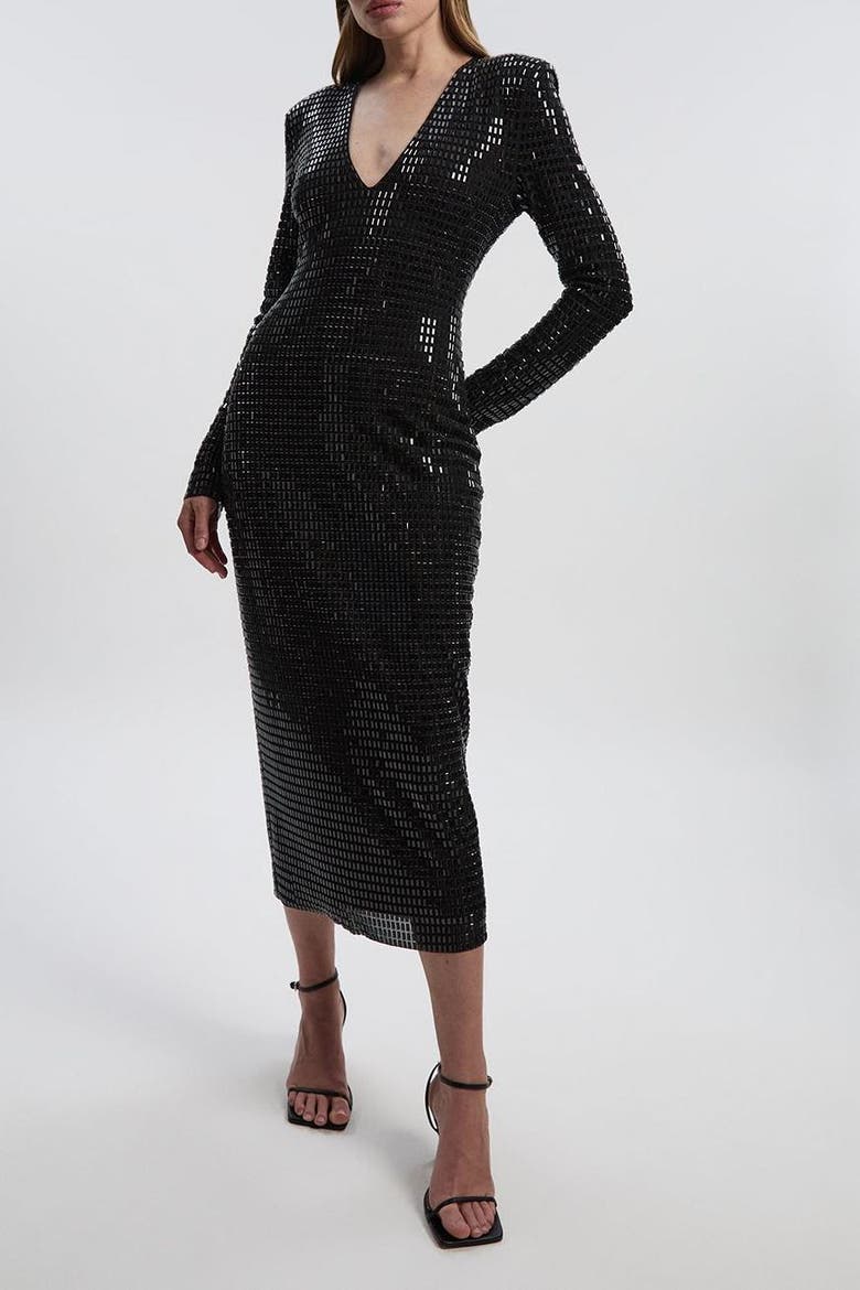Long Sleeve Plunge Neck Midi Dress, Alternate, color, Black
