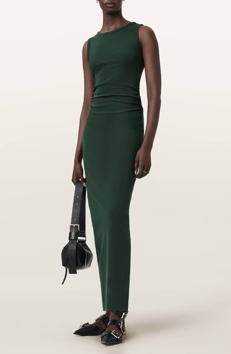 AllSaints Katarina Ruched Side Maxi Dress, Main, color, Emerald Green