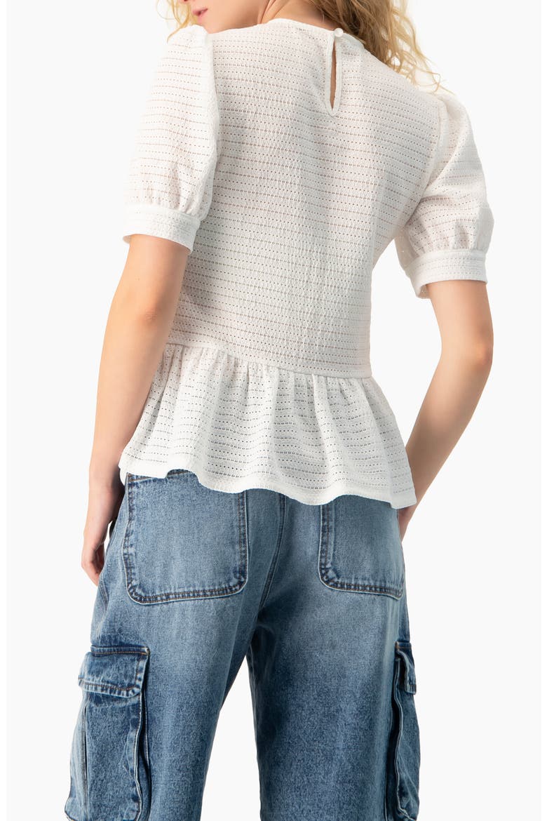 Tonal Stripe Textured See-Through Peplum Short-Sleeve Blouse, Alternate, color, White