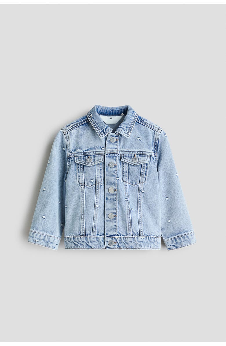 H&M Embroidered Denim Jacket, Main, color, Light Denim Blue/Hearts